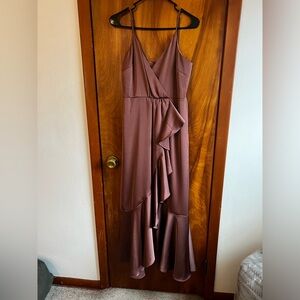 NWOT Lulus Enchanted Moments Mauve Pink Satin Ruffled HighLow Dress, size medium